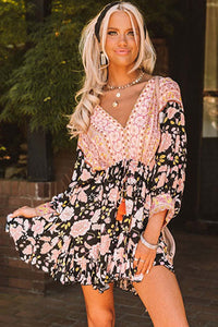 Udressshop 2022 Black V Neck 3/4 Sleeves Beautiful Women's Floral Dress