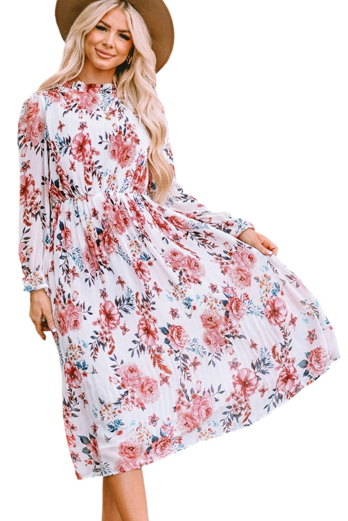 Udressshop Beige Floral Print Puffy Long Sleeve Ruffled Women's Fall Midi Dress