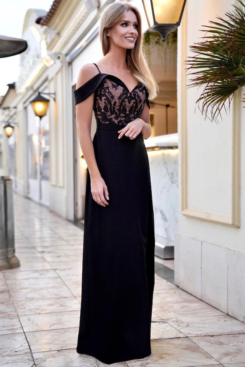 Udressshop Black Lace Off Shoulder Side Slit Women's High Waist Party Wedding Maxi Dress