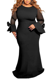 Udressshop Round neck long sleeve mesh stitching long dress solid color plus size dress