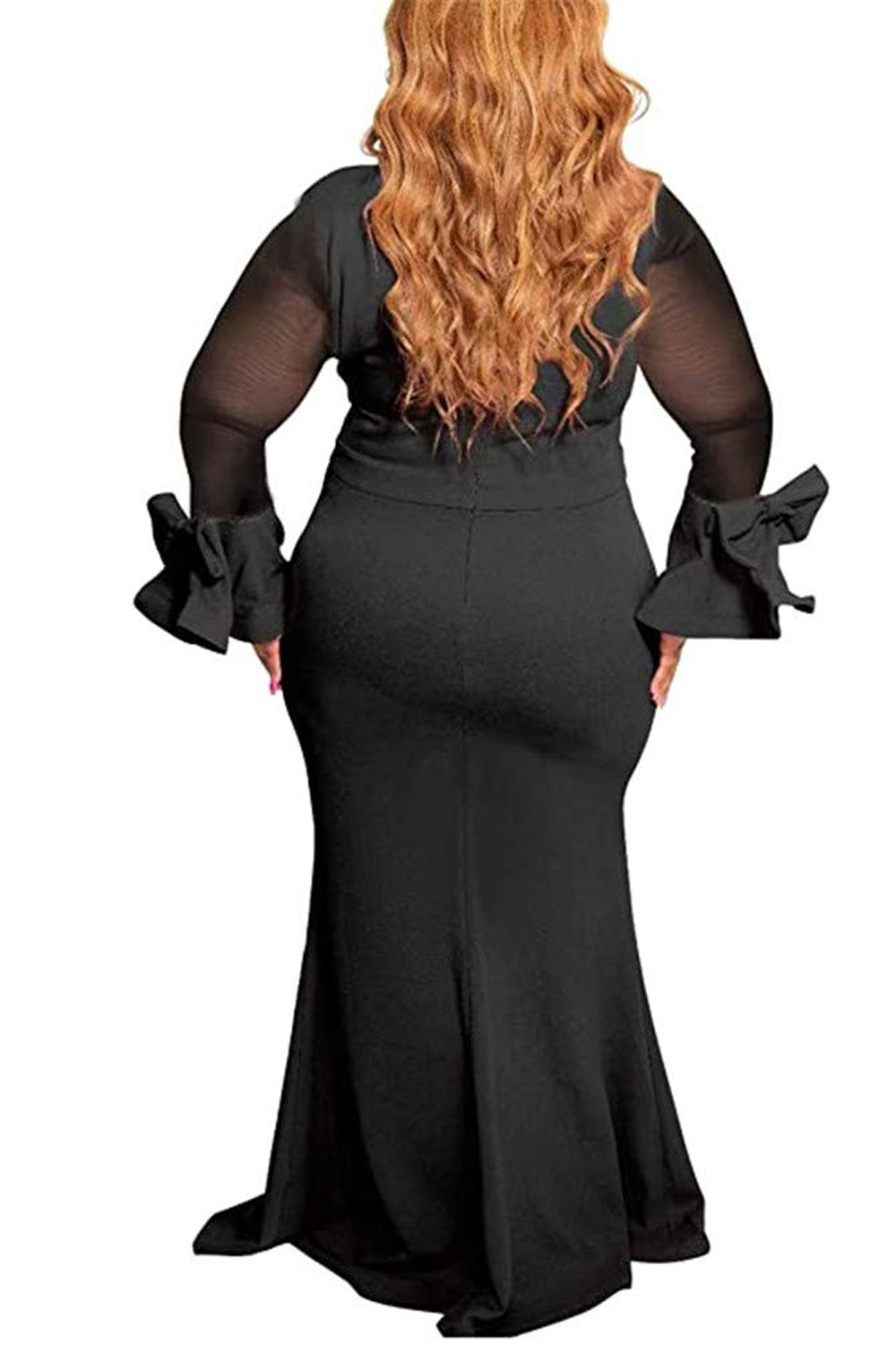 Udressshop Round neck long sleeve mesh stitching long dress solid color plus size dress