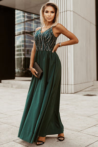 Udressshop Green Sequin Lines Bodice High Waist Gown Prom Maxi Dress