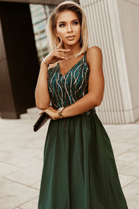 Udressshop Green Sequin Lines Bodice High Waist Gown Prom Maxi Dress