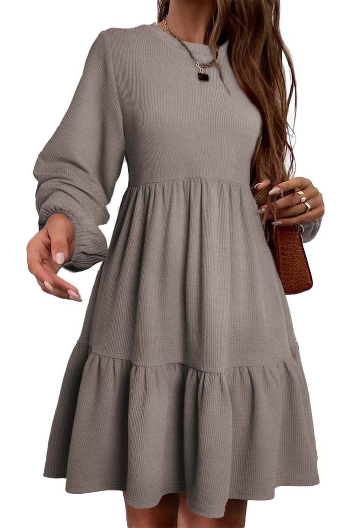 Udressshop Khaki Tiered Ruffled Ribbed Women's Long Sleeve Fall Mini Dress