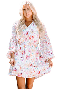 Udressshop Pink V Neck Bubble Sleeves Floral Dress