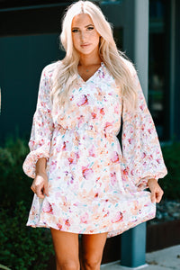 Udressshop Pink V Neck Bubble Sleeves Floral Dress