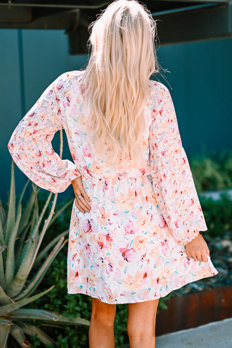 Udressshop Pink V Neck Bubble Sleeves Floral Dress