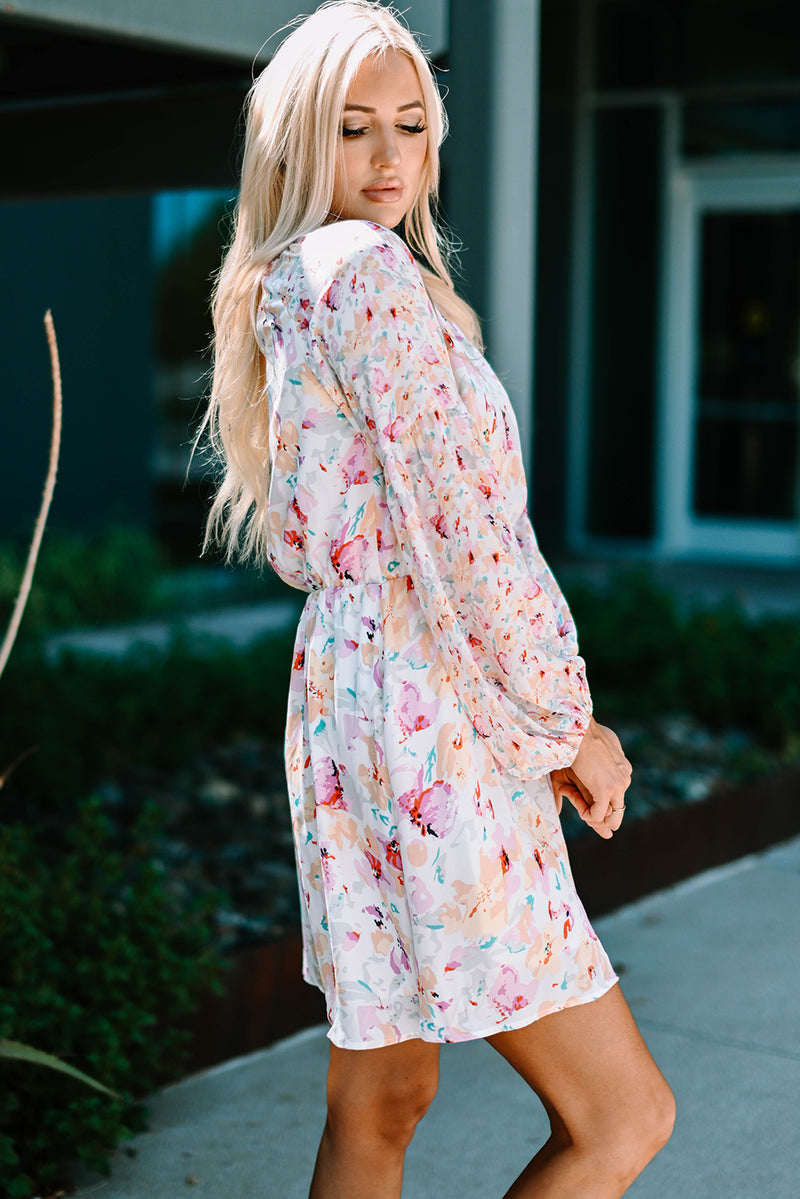 Udressshop Pink V Neck Bubble Sleeves Floral Dress