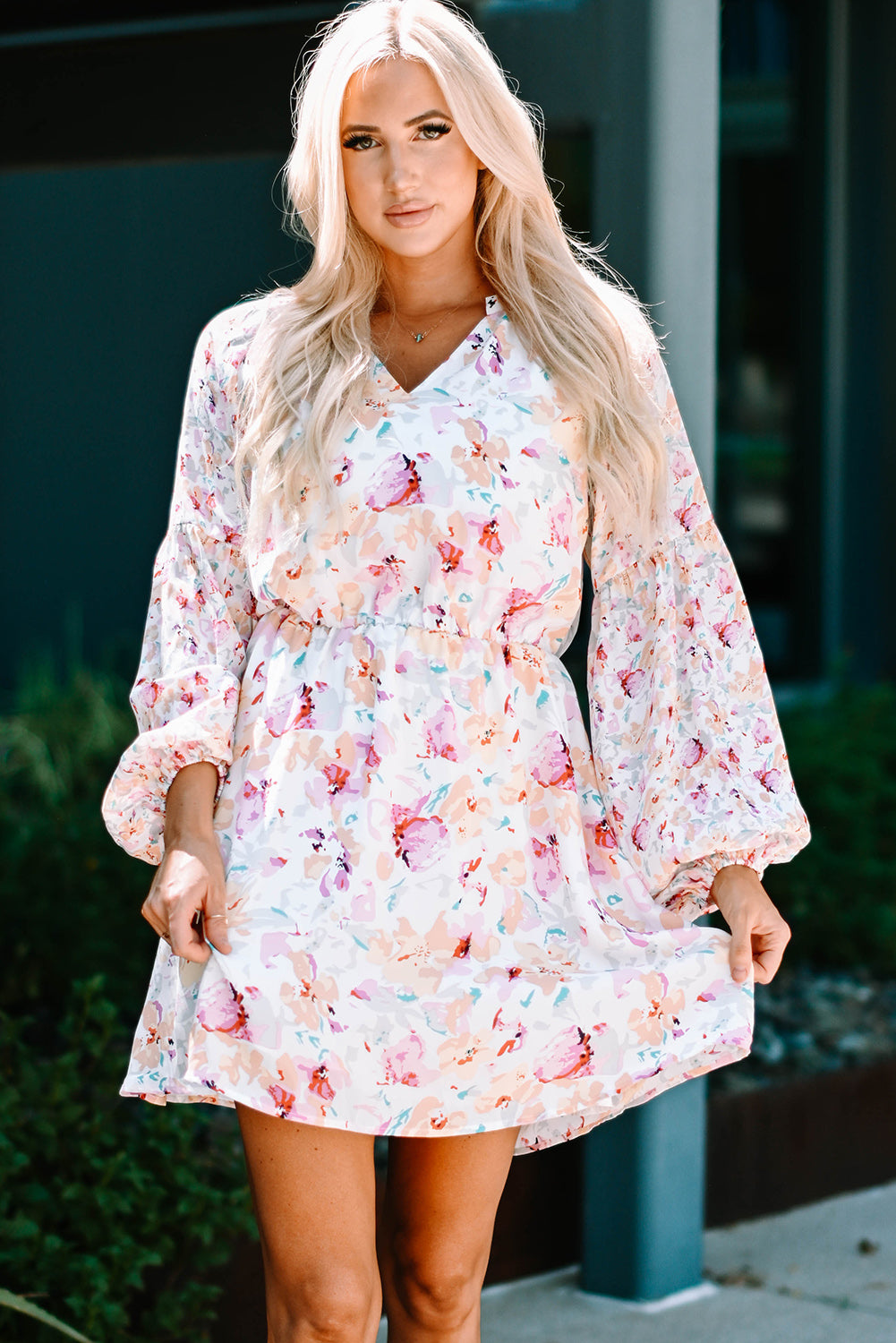 Udressshop Pink V Neck Bubble Sleeves Floral Dress