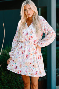 Udressshop Pink V Neck Bubble Sleeves Floral Dress