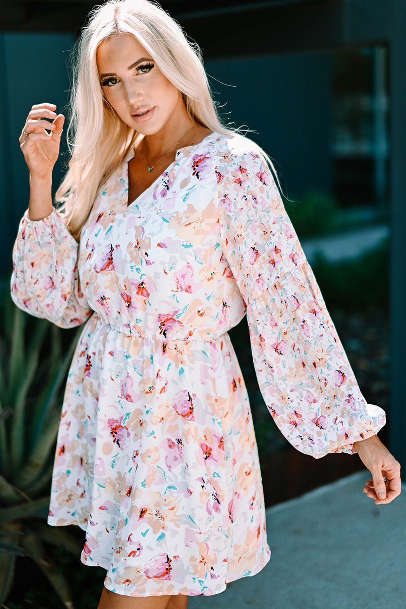 Udressshop Pink V Neck Bubble Sleeves Floral Dress