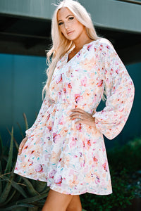 Udressshop Pink V Neck Bubble Sleeves Floral Dress