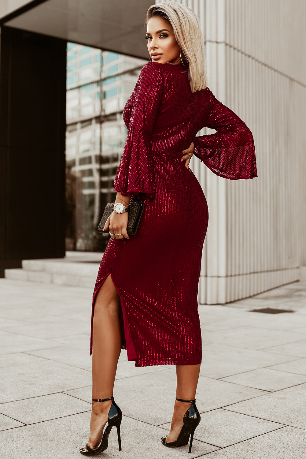 Udressshop Red Deep V Neck Bell Sleeve Sequin Dress Prom Evening Party Dress