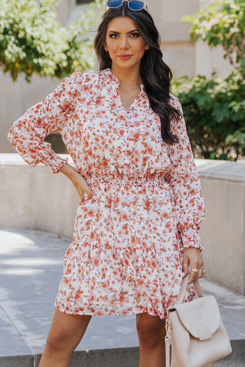 Udressshop Red Shirred High Waist Floral Mini Dress