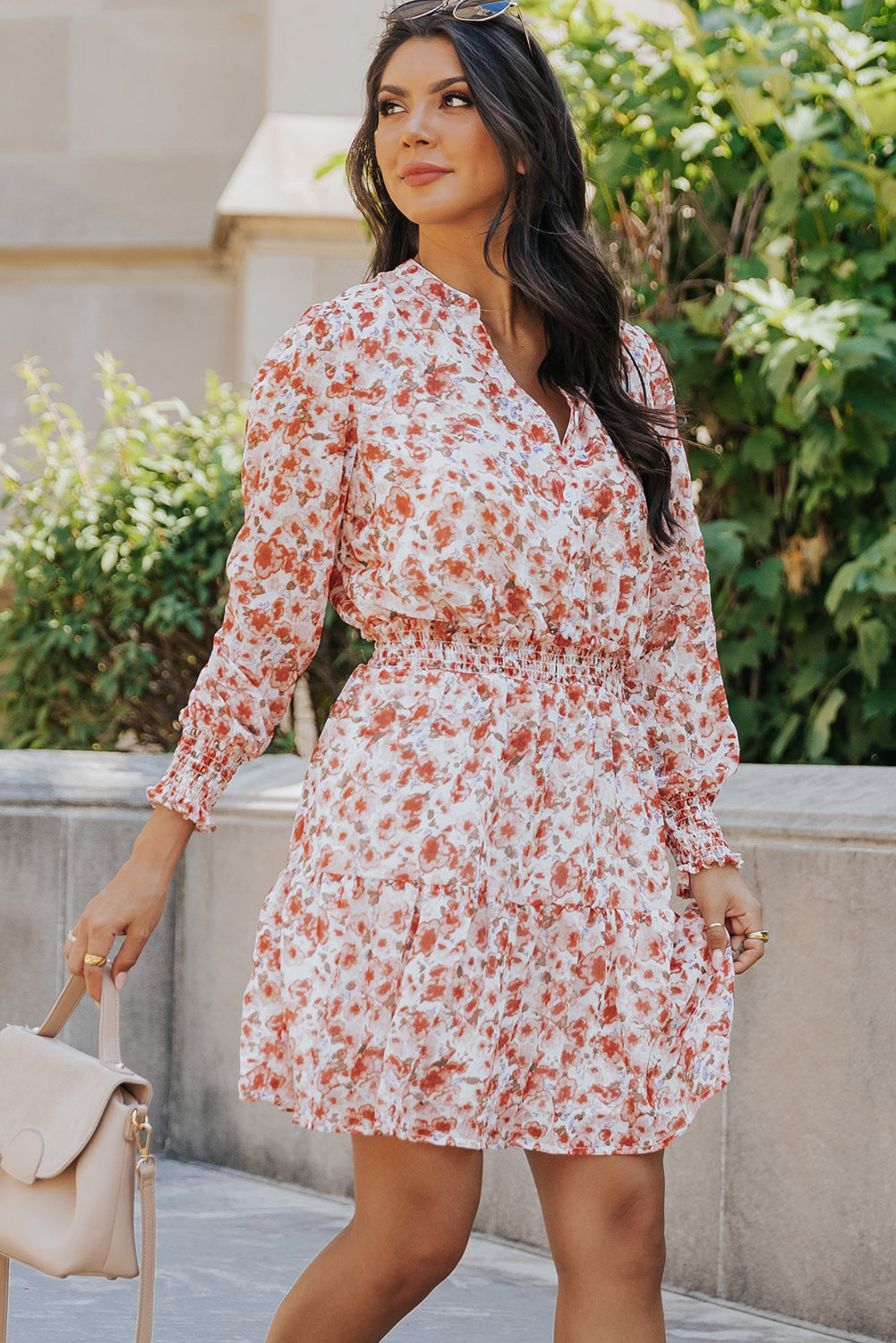 Udressshop Red Shirred High Waist Floral Mini Dress