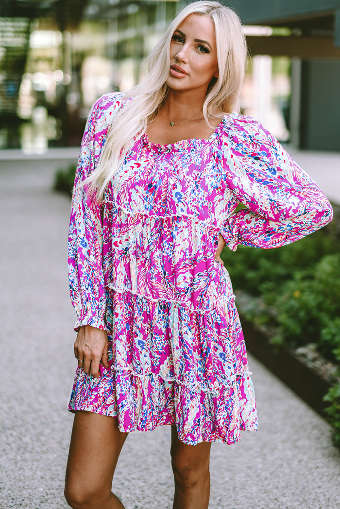 Udressshop Rose Ruffled Square Neck Long Sleeve Floral Dress