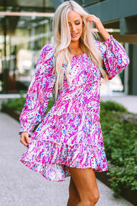 Udressshop Rose Ruffled Square Neck Long Sleeve Floral Dress