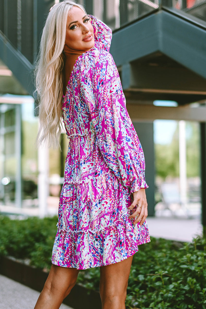 Udressshop Rose Ruffled Square Neck Long Sleeve Floral Dress