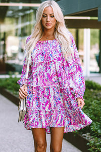 Udressshop Rose Ruffled Square Neck Long Sleeve Floral Dress