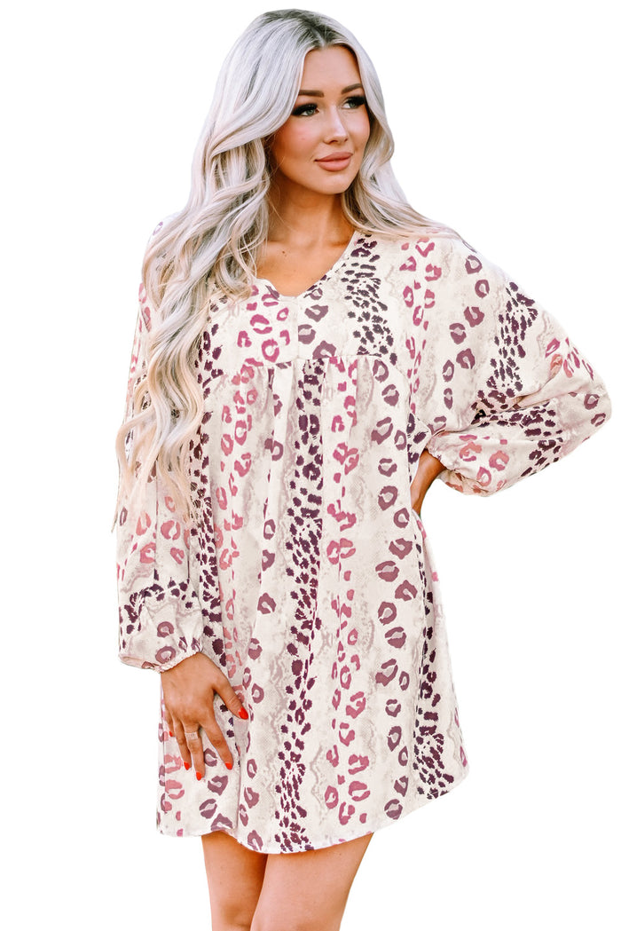 Udressshop White Leopard V Neck Women's Puffy Long Sleeve Loose Dress