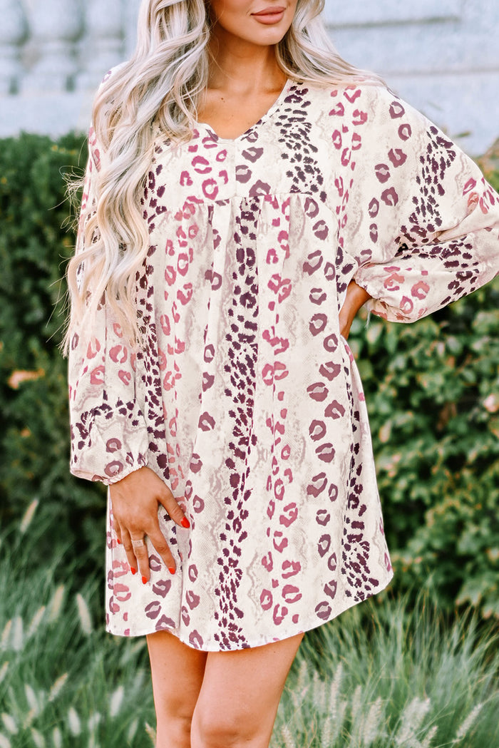 Udressshop White Leopard V Neck Women's Puffy Long Sleeve Loose Dress