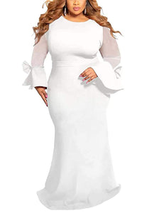 Udressshop Round neck long sleeve mesh stitching long dress solid color plus size dress