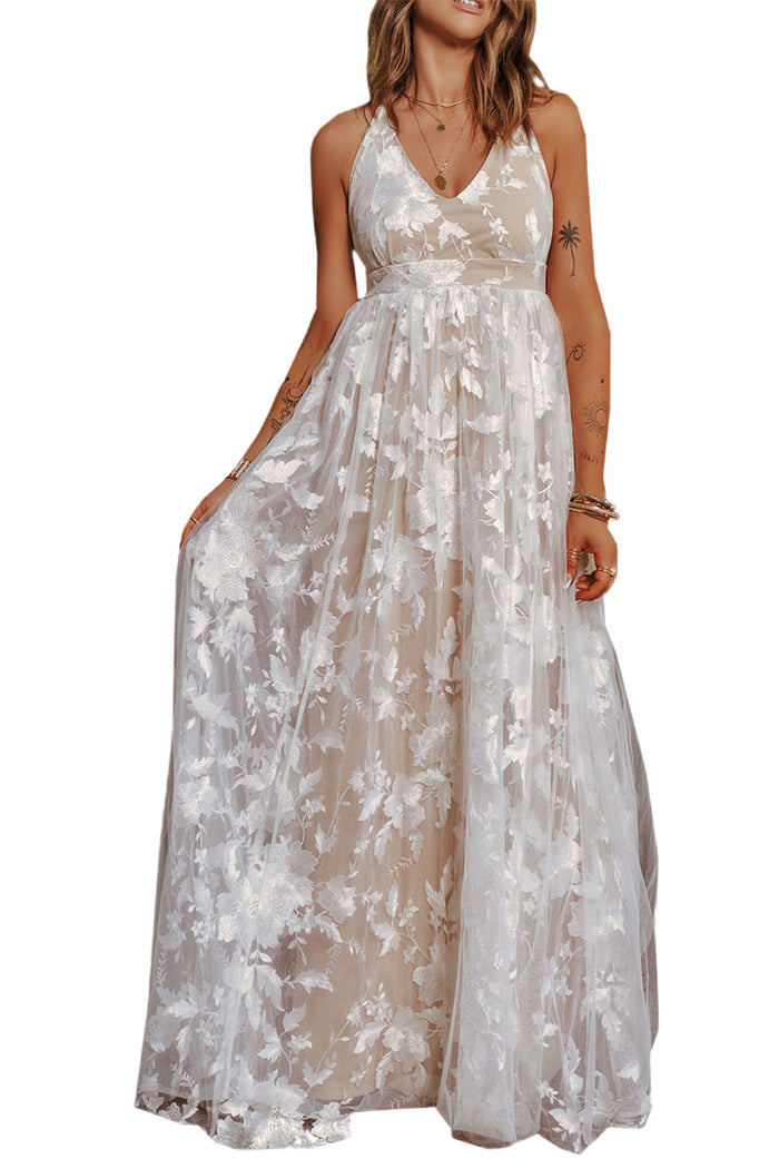 Udressshop White V Neck Backless Floral Lace Prom Wedding Party Maxi Dress