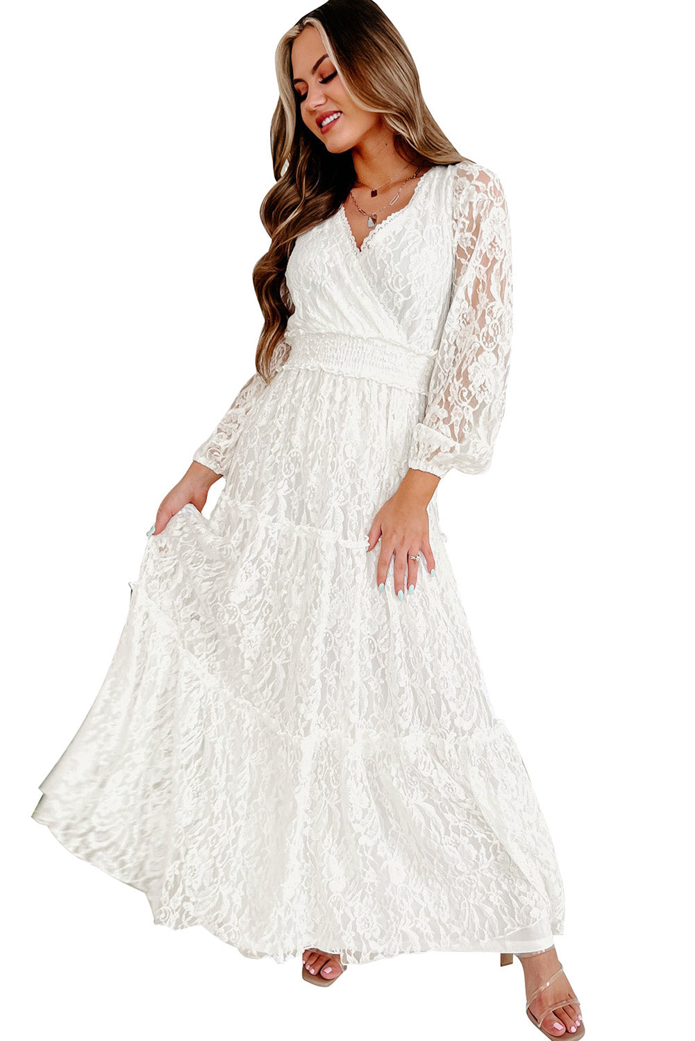 Udressshop White Women's V Neck Bubble Long Sleeve Tiered Lace Maxi Wedding Party Dress