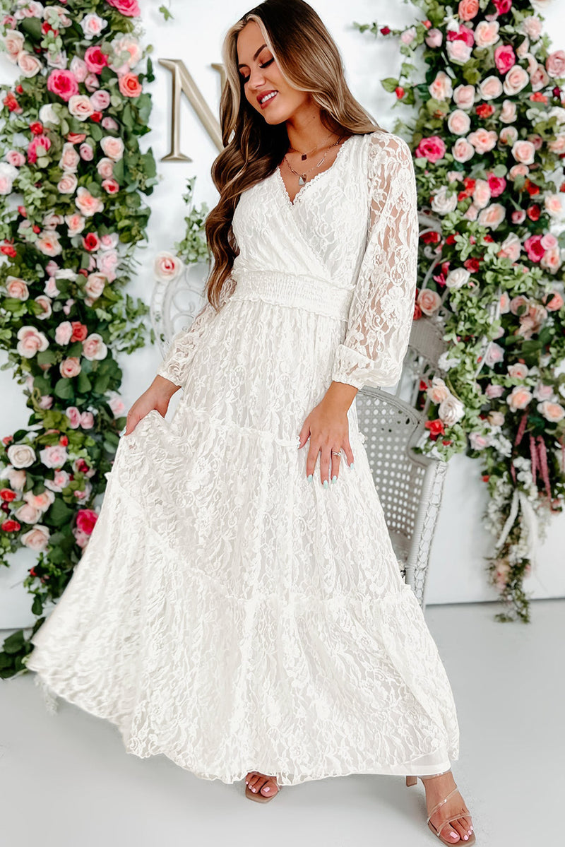 Udressshop White Women's V Neck Bubble Long Sleeve Tiered Lace Maxi Wedding Party Dress