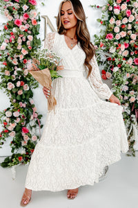 Udressshop White Women's V Neck Bubble Long Sleeve Tiered Lace Maxi Wedding Party Dress