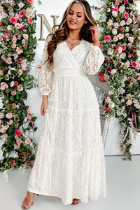 Udressshop White Women's V Neck Bubble Long Sleeve Tiered Lace Maxi Wedding Party Dress