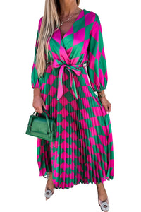 Udressshop Women's Long Sleeve Maxi Dress Multicolor Rhombus Contrast Color Block Belted