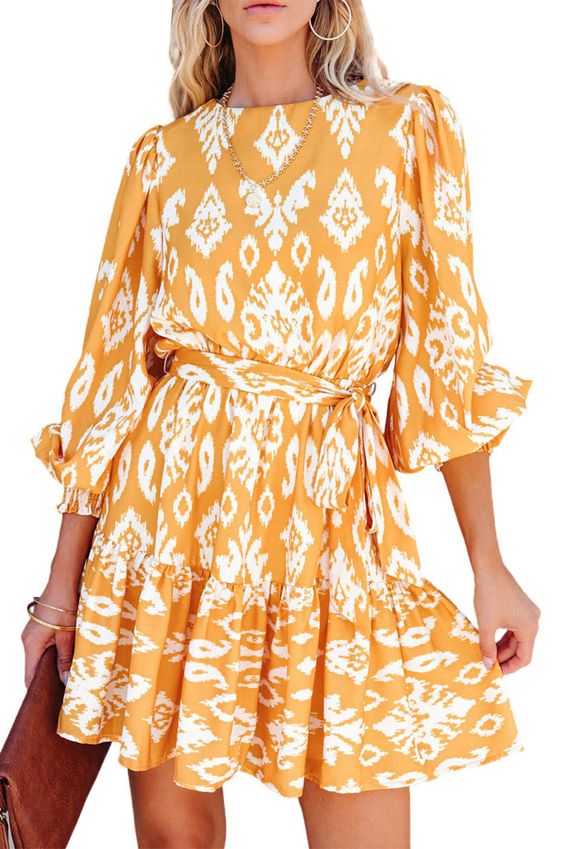 Udressshop Yellow Ethnic Vibe Long Sleeve Printed Sash Women's Mini Dress