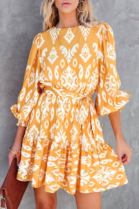 Udressshop Yellow Ethnic Vibe Long Sleeve Printed Sash Women's Mini Dress