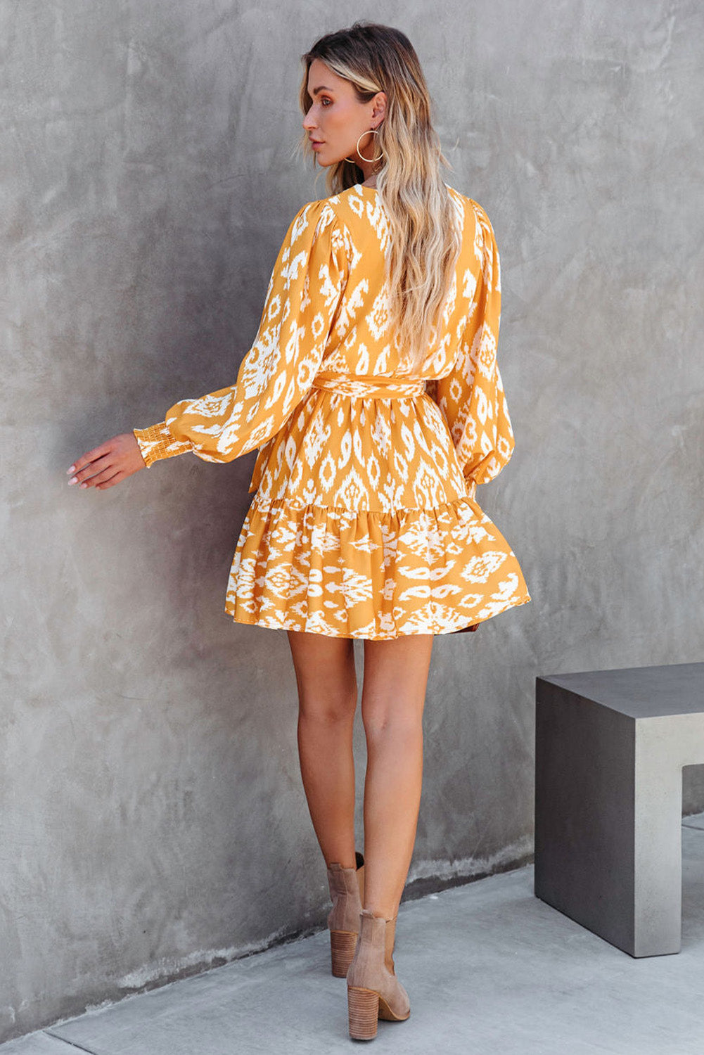 Udressshop Yellow Ethnic Vibe Long Sleeve Printed Sash Women's Mini Dress