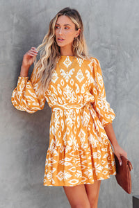 Udressshop Yellow Ethnic Vibe Long Sleeve Printed Sash Women's Mini Dress