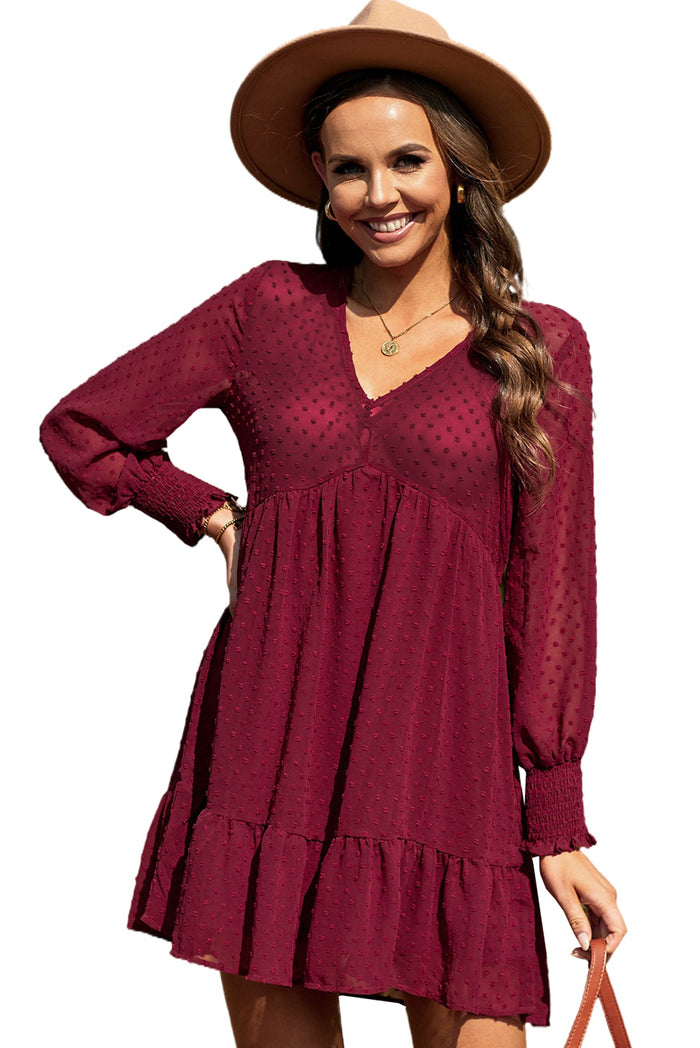 Udressshop V-Neck Dotted Burgundy Empire Mini Dress