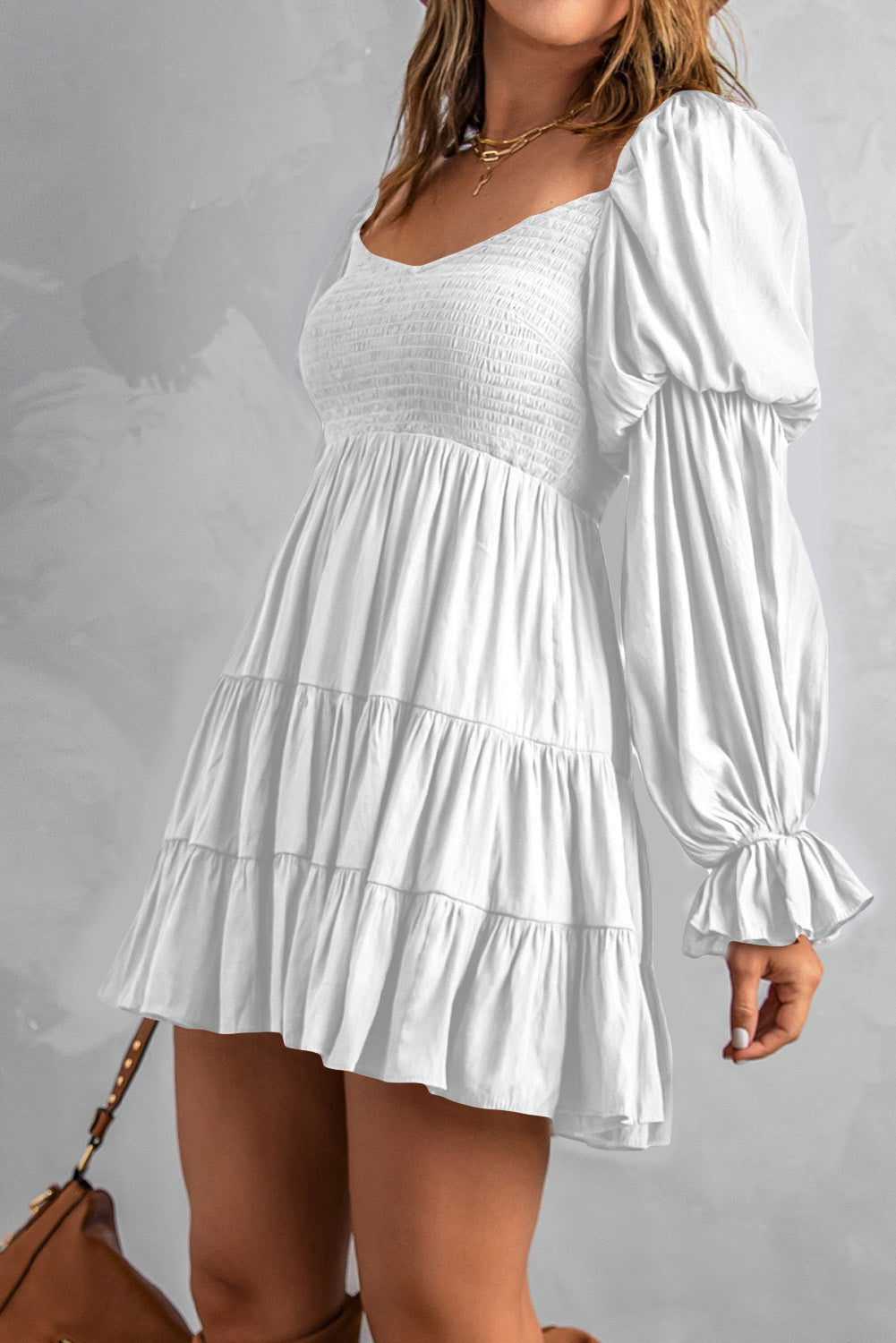 Udressshop Boho Solid Shirred Ruffle Mini Dress