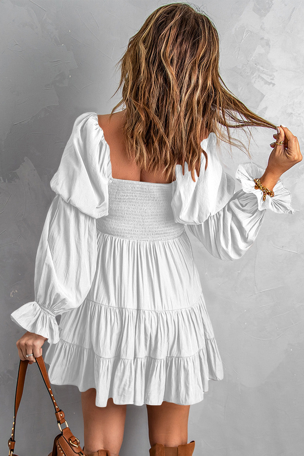 Udressshop Boho Solid Shirred Ruffle Mini Dress