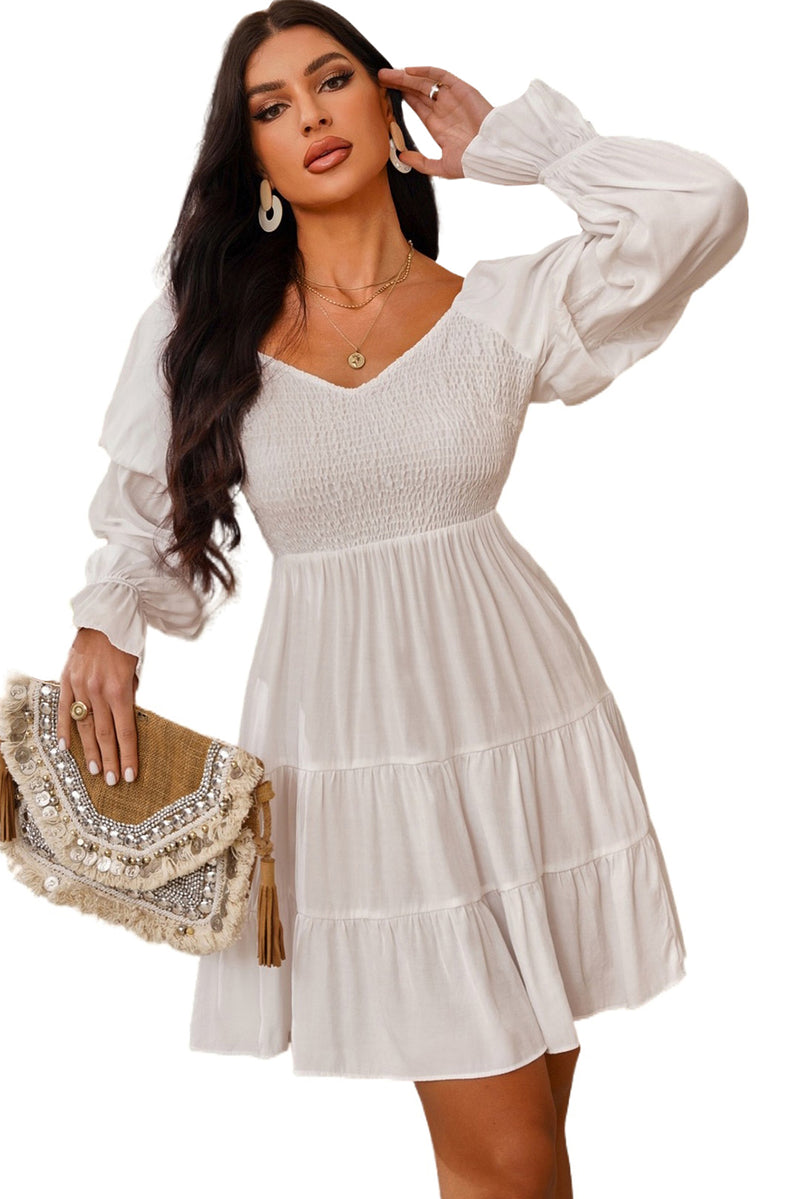 Udressshop Boho Solid Shirred Ruffle Mini Dress