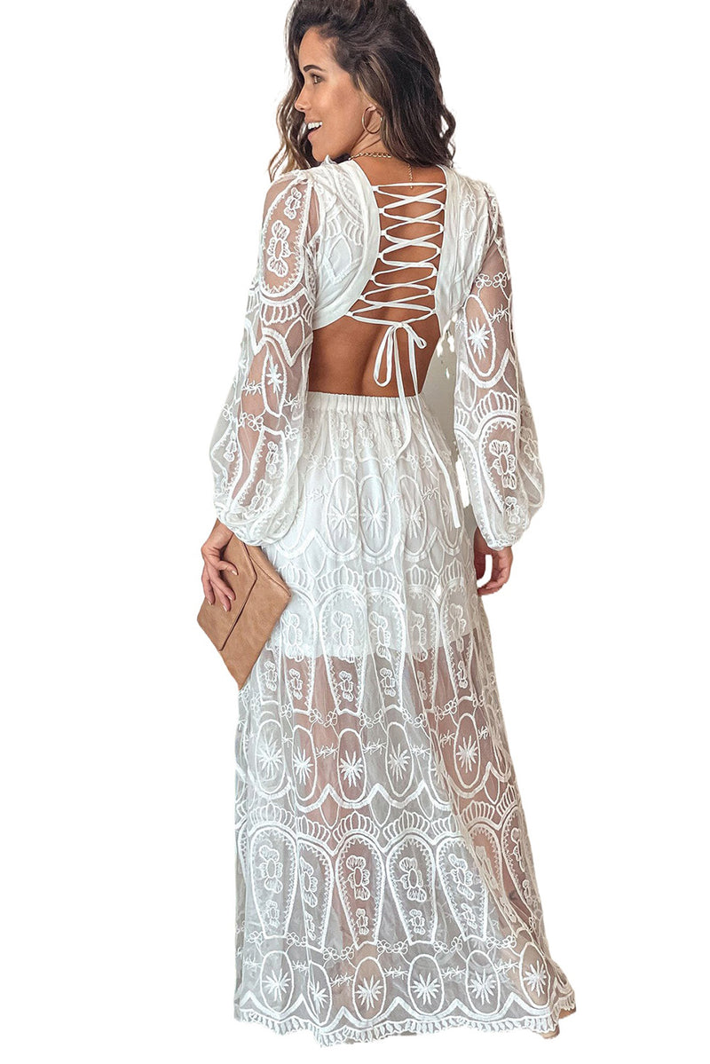 White Cut out Lace Bubble Sleeve Maxi Evening Dress