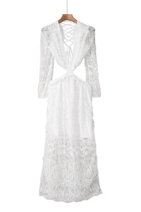 White Cut out Lace Bubble Sleeve Maxi Evening Dress