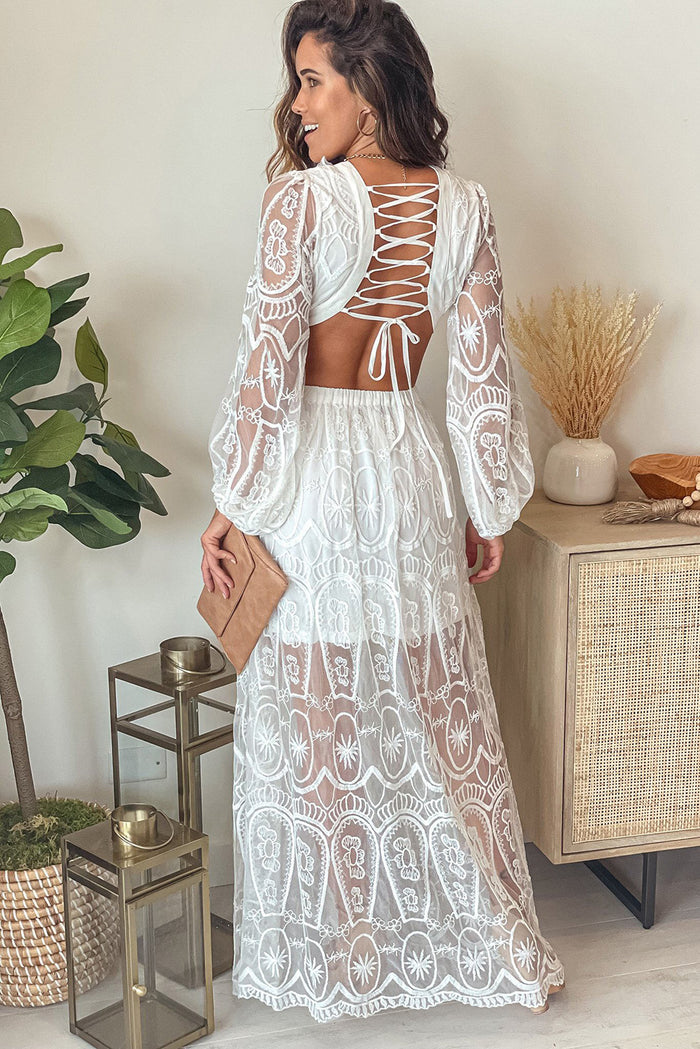 White Cut out Lace Bubble Sleeve Maxi Evening Dress