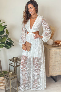 White Cut out Lace Bubble Sleeve Maxi Evening Dress