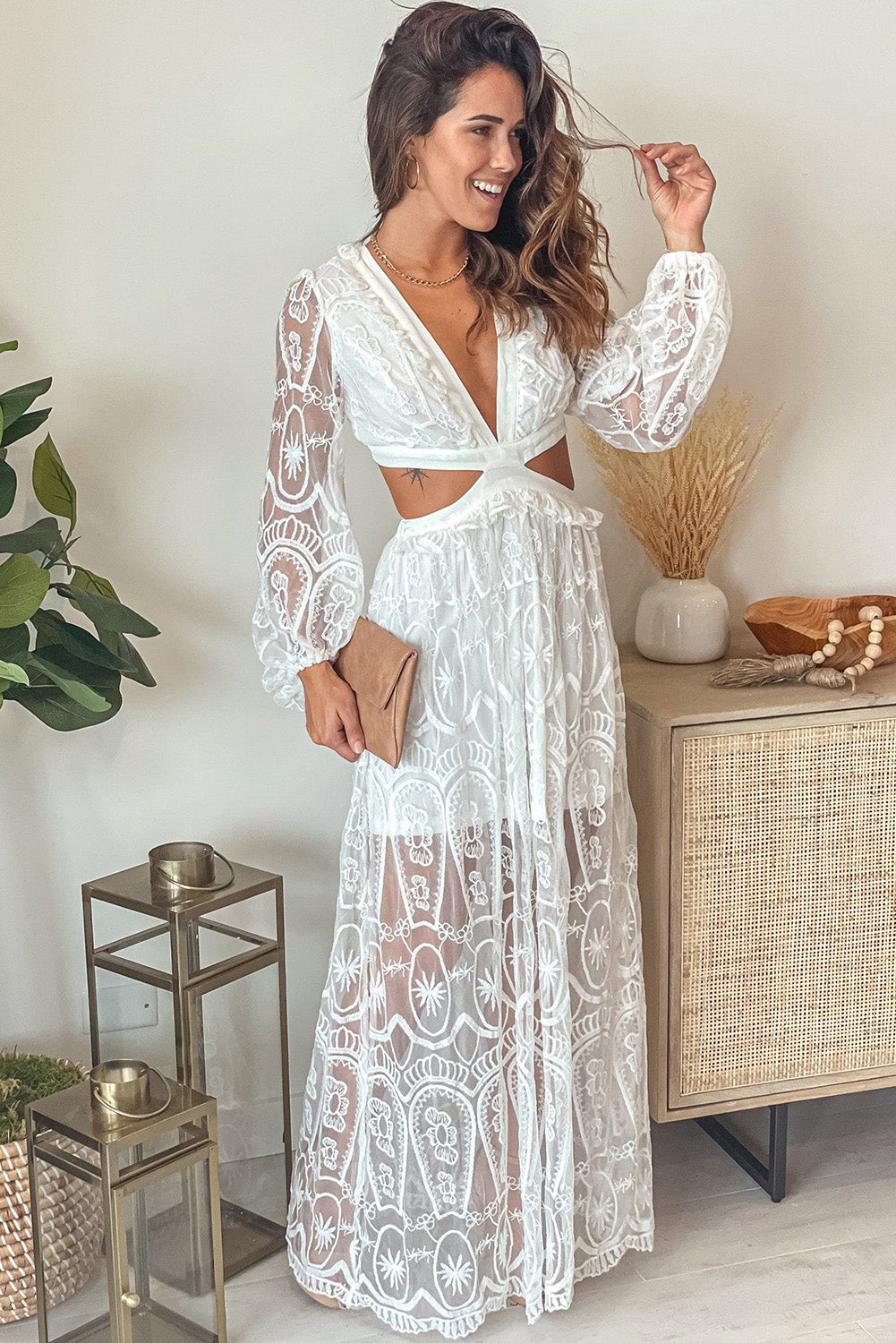 White Cut out Lace Bubble Sleeve Maxi Evening Dress