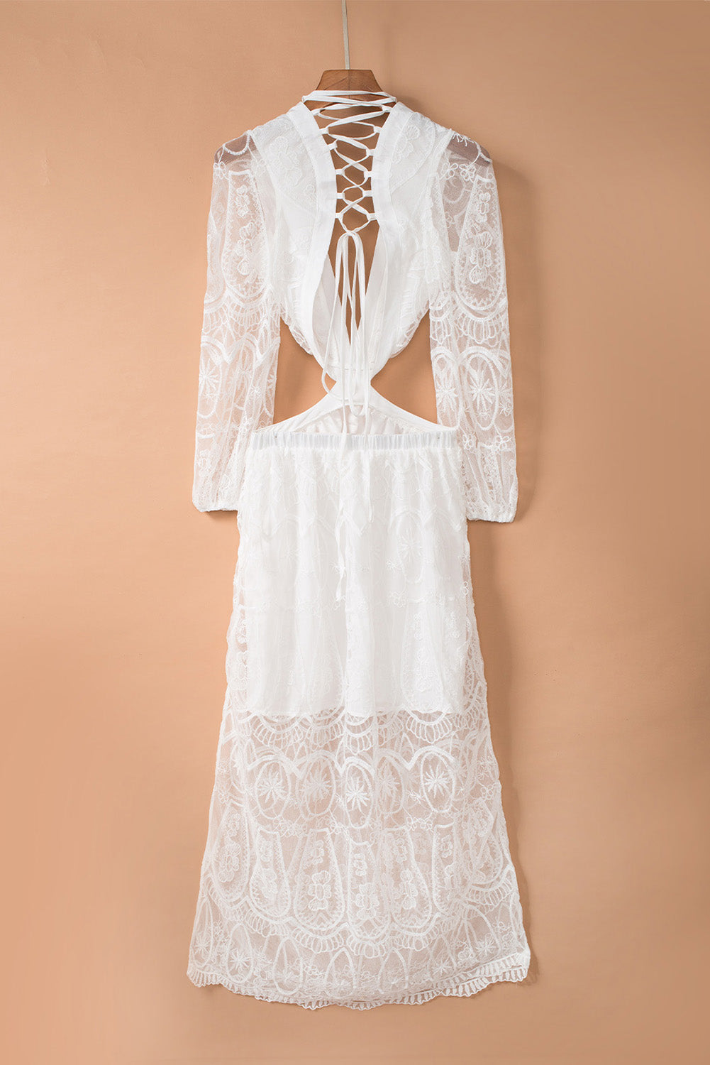 White Cut out Lace Bubble Sleeve Maxi Evening Dress