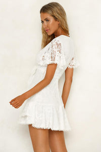 Udressshop Flutter Sleeve Wrap V Neck Floral Lace Short Mini Dress