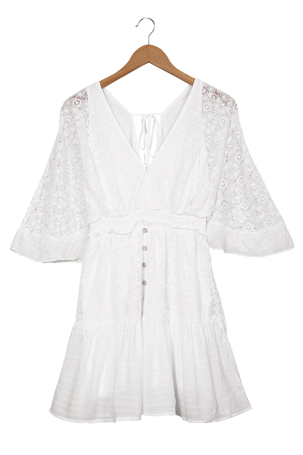 Udressshop White Lace Crochet Buttons Bell Sleeve V Neck Mini Dress