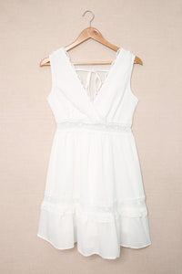 Udressshop White Lace Crochet Flounce V Neck Sleeveless Mini Dress