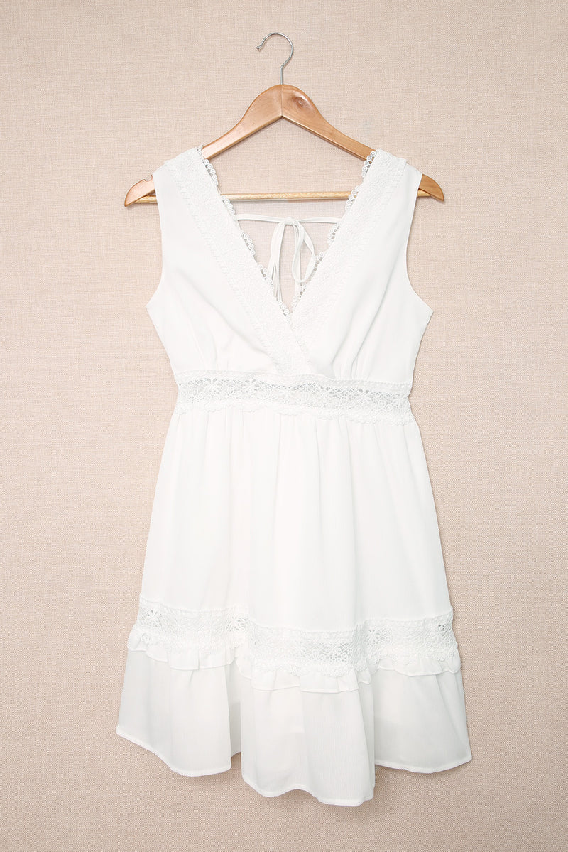 Udressshop White Lace Crochet Flounce V Neck Sleeveless Mini Dress